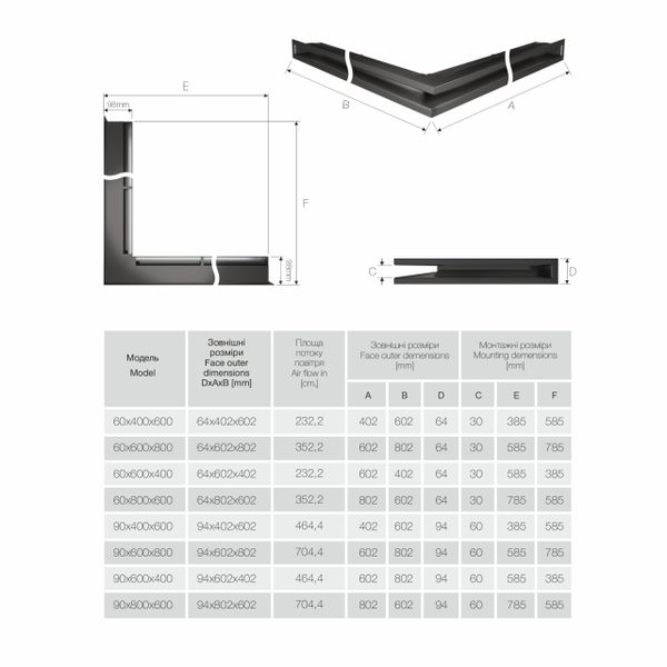 Вентиляційна решітка для каміна 60х400х600 SAVEN Loft Angle кутова ліва графітова Loft/NL/6/40/60/G фото
