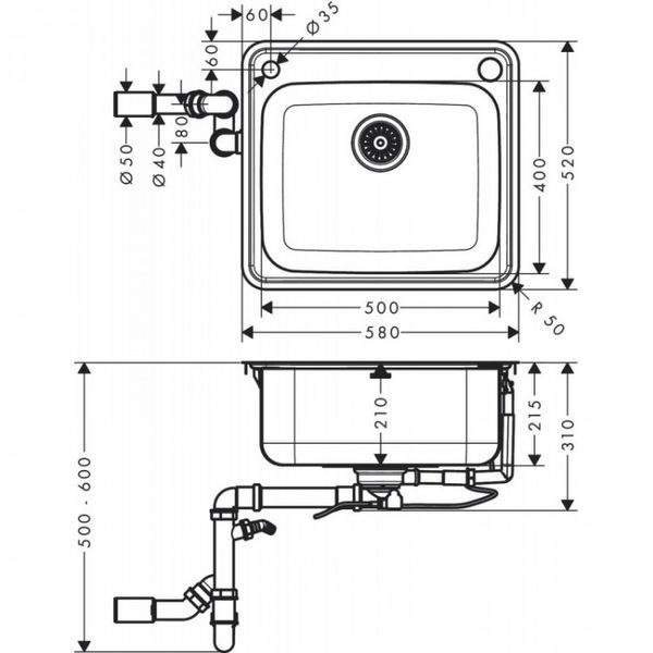 Кухонная мойка Hansgrohe S412-F500 на столешницу 580х520 с сифоном automatic (43336800) Stainless Steel 00053742 фото