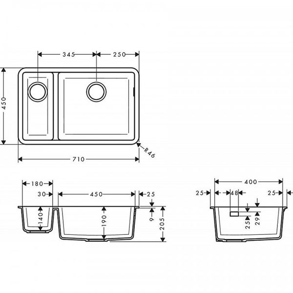 Кухонна мийка Hansgrohe S510-U635 під стільницю 710х450 дві чаші 180/450 Graphiteblack (43433170) 00053757 фото