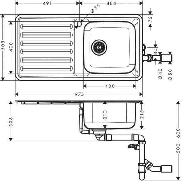 Кухонная мойка Hansgrohe S4111-F400 на столешницу 975х505 с сифоном (43341800) Stainless Steel 00053735 фото