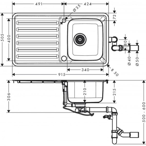 Кухонна мийка Hansgrohe S4113-F340 на стільницю 915х505 із сифоном automatic (43337800) Stainless Steel 00053737 фото