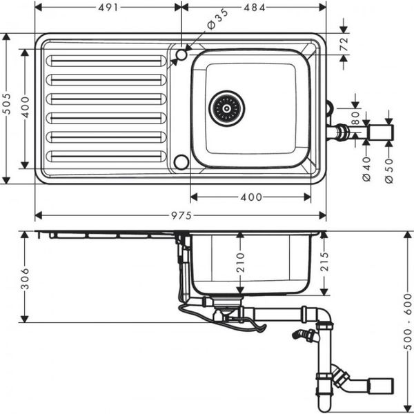 Кухонна мийка Hansgrohe S4113-F400 на стільницю 975х505 із сифоном automatic (43338800) Stainless Steel 00053738 фото