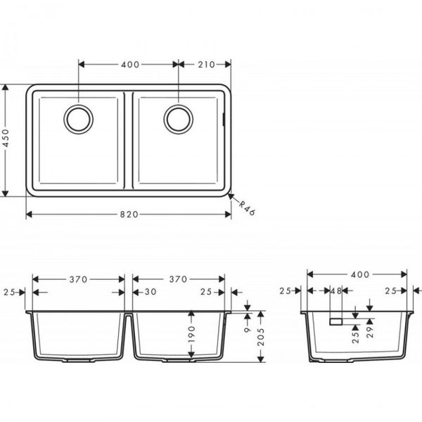 Кухонна мийка Hansgrohe S510-U770 під стільницю 820х450 на дві чаші 370/370 (43434170) 00053764 фото